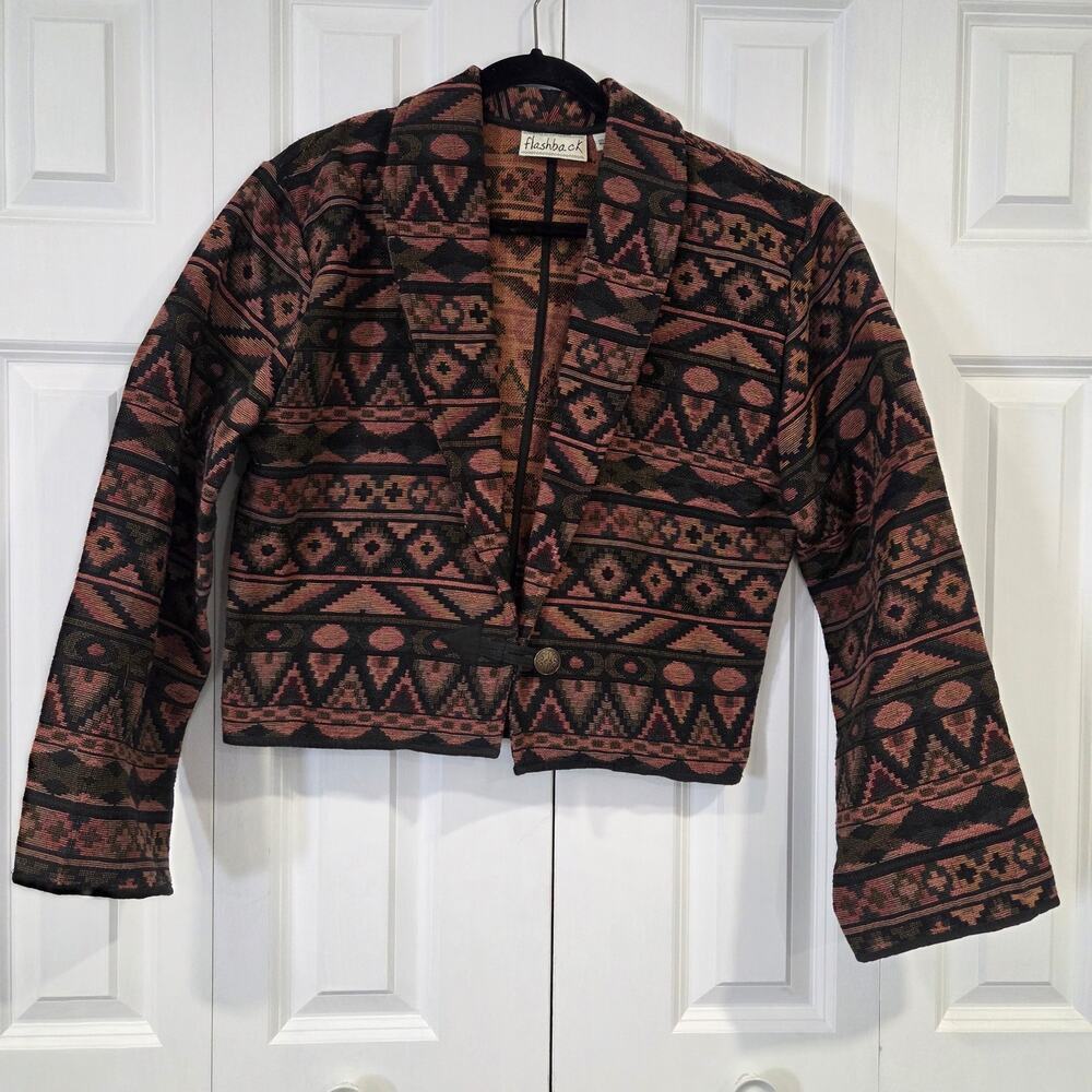 Vintage Brown Pink Black Tweed Aztec Weave Crop Bolero Jacket Medium